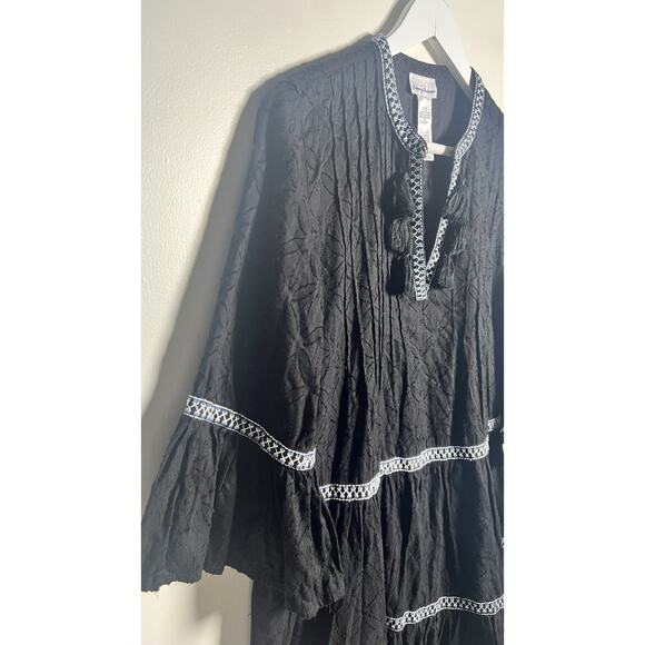 Tommy Bahama Embroidered Tassel Tunic Mini Dress Size Small Black V-Neck Cotton - Picture 4 of 7